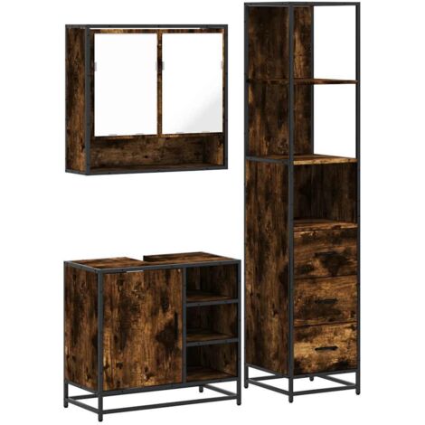 Set Mobili da Bagno 3 pz Rovere Fumo in Legno Multistrato