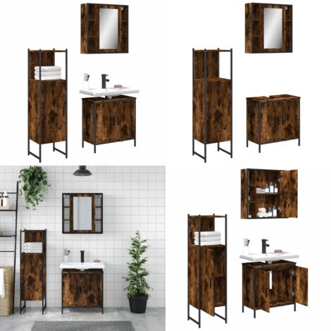 Set Mobili da Bagno 3 pz Rovere Fumo in Legno Multistrato - Armadietto a specchio - Armadietto lavabo