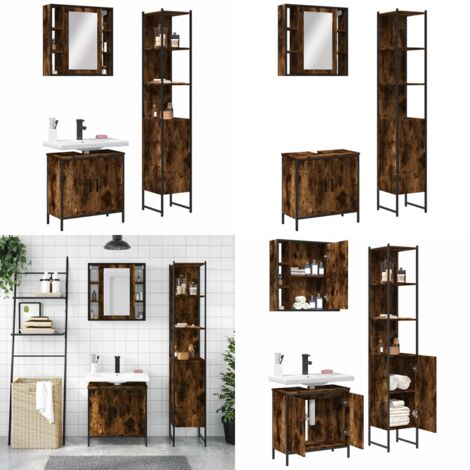 Set Mobili da Bagno 3 pz Rovere Fumo in Legno Multistrato - Armadietto a specchio - Armadietto lavello