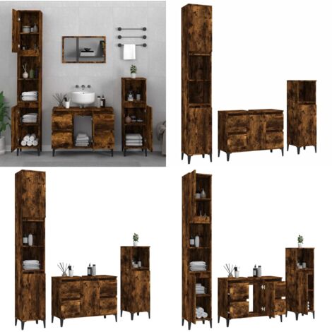 Set Mobili da Bagno 3 pz Rovere Fumo in Legno Multistrato - Armadietto da bagno - Armadietto lavello