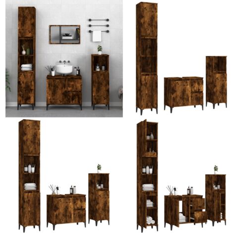 Set Mobili da Bagno 3 pz Rovere Fumo in Legno Multistrato - Armadietto da bagno - Set di mobili da bagno