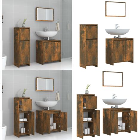 Set Mobili da Bagno 3 pz Rovere Fumo in Legno Multistrato - Armadio da bagno - Specchio da bagno