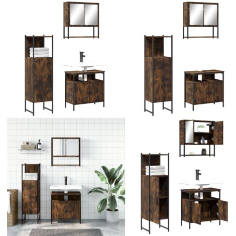 Set Mobili da Bagno 3 pz Rovere Fumo in Legno Multistrato - Mobile da bagno - Mobile a specchio