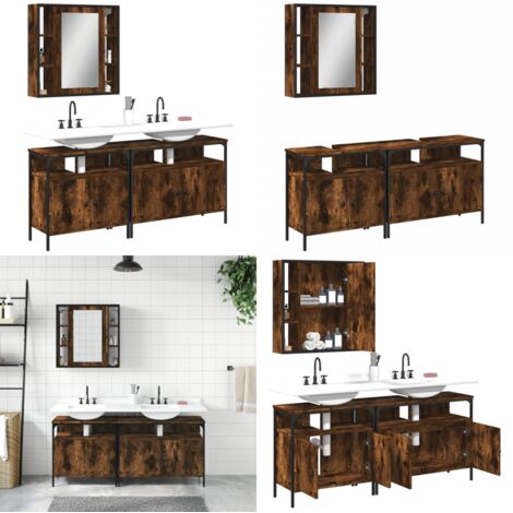Set Mobili da Bagno 3 pz Rovere Fumo in Legno Multistrato - Mobile da bagno - Specchio da bagno