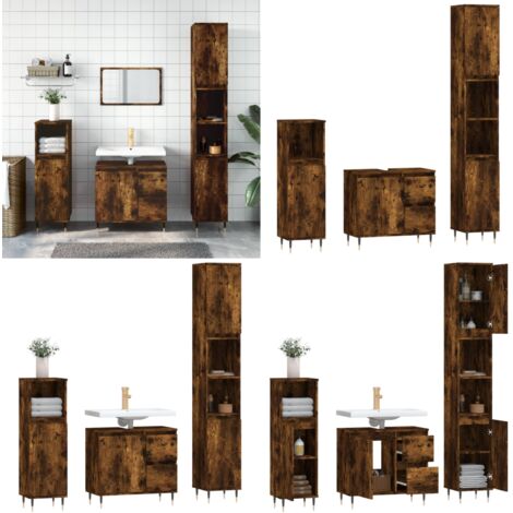 Set Mobili da Bagno 3 pz Rovere Fumo in Legno Multistrato - Mobili da bagno - Armadietto lavello