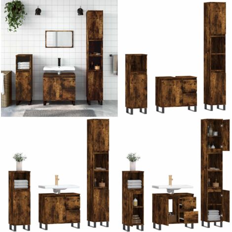 Set Mobili da Bagno 3 pz Rovere Fumo in Legno Multistrato - Mobili da bagno - Legno multistrato