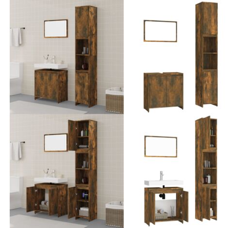 Set Mobili da Bagno 3 pz Rovere Fumo in Legno Multistrato - Specchio da bagno - Armadietto da bagno con specchio