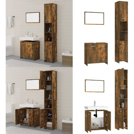Set Mobili da Bagno 3 pz Rovere Fumo in Legno Multistrato - Specchio da bagno - Mobili da bagno