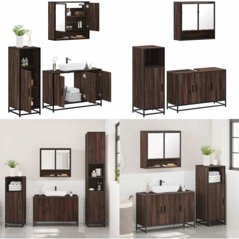Set Mobili da Bagno 3 pz Rovere Marrone in Legno Multistrato - Mobile da bagno - Mobile da bagno con specchio
