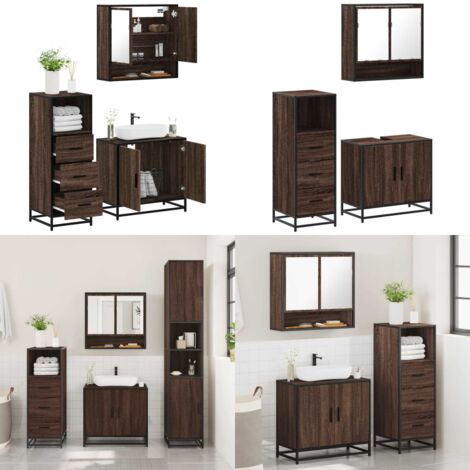 Set Mobili da Bagno 3 pz Rovere Marrone in Legno Multistrato - Mobile da bagno - Specchio da bagno