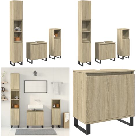 Set Mobili da Bagno 3 pz Rovere Sonoma in Legno Multistrato - Armadietto lavello - Armadietto da bagno in legno