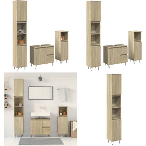 Set Mobili da Bagno 3 pz Rovere Sonoma in Legno Multistrato - Armadietto lavello - Armadietto da bagno in legno