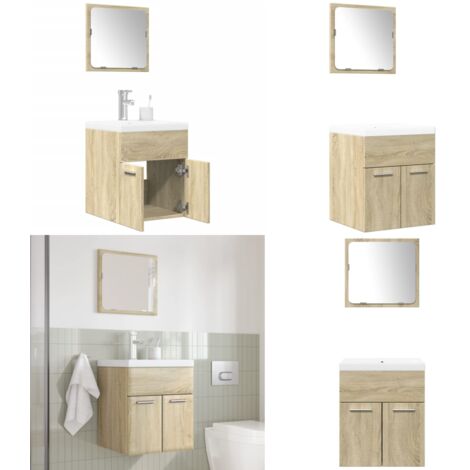 Set Mobili da Bagno 3 pz Rovere Sonoma in Legno Multistrato - Specchio da bagno - Lavabo da bagno
