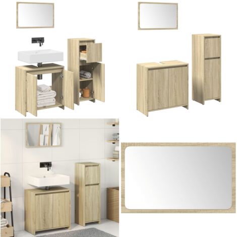 Set Mobili da Bagno 3 pz Rovere Sonoma in Legno Multistrato - Specchio da bagno - Mobile da bagno