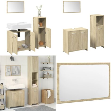 Set Mobili da Bagno 3 pz Rovere Sonoma in Legno Multistrato - Specchio da bagno - Mobile da bagno