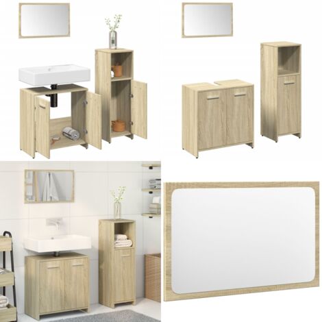 Set Mobili da Bagno 3 pz Rovere Sonoma in Legno Multistrato - Specchio da bagno - Mobile da bagno