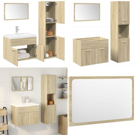 Set Mobili da Bagno 3 pz Rovere Sonoma in Legno Multistrato - Specchio da trucco - Armadietto lavello