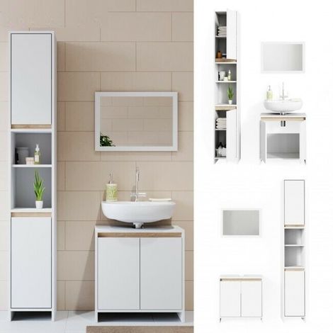 Mobili Da Bagno E Specchi.Set Mobili Da Bagno 3 Pzi Sotto Lavabo Specchio Colonna Alta Bianco E Rovere 4251421931534