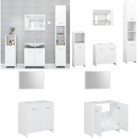 Set Mobili da Bagno 4 pz Bianco in Legno Multistrato - Specchio da bagno - Armadio da bagno
