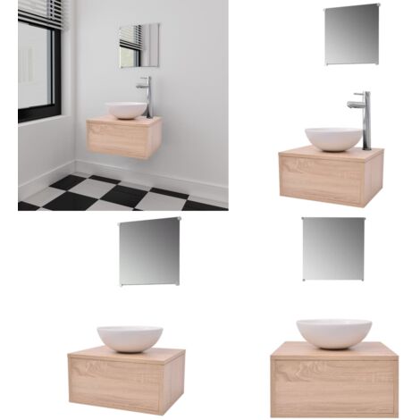 Set Mobili da Bagno 4 pz con Lavabo e Rubinetto Beige - Armadietto da toeletta - Specchio da bagno