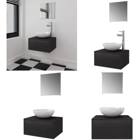 Set Mobili da Bagno 4 pz con Lavabo e Rubinetto Nero - Armadietto da toeletta - Specchio da bagno