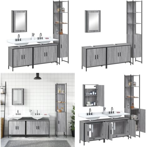 Set Mobili da Bagno 4 pz Grigio Sonoma in Legno Multistrato - Mobile da bagno - Mobile a specchio