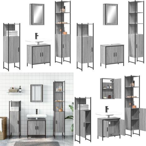Set Mobili da Bagno 4 pz Grigio Sonoma in Legno Multistrato - Mobile sottolavabo - Armadietto a specchio
