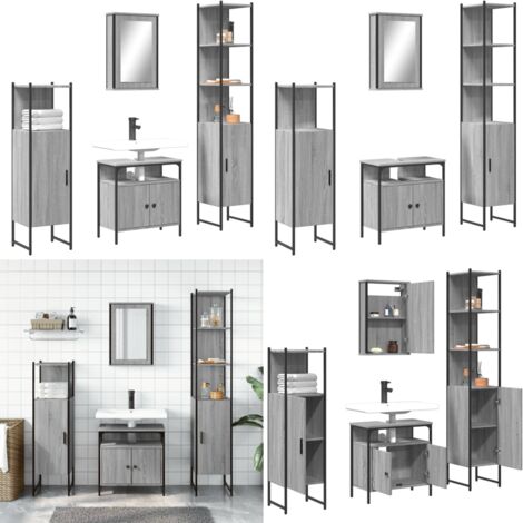 Set Mobili da Bagno 4 pz Grigio Sonoma in Legno Multistrato - Mobile sottolavabo - Armadietto a specchio
