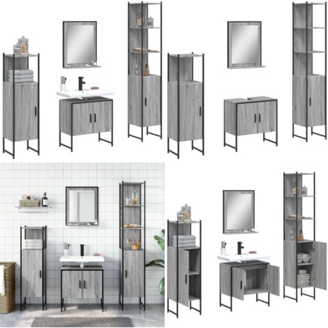 Set Mobili da Bagno 4 pz Grigio Sonoma in Legno Multistrato - Set di mobili da bagno - Armadietto lavello