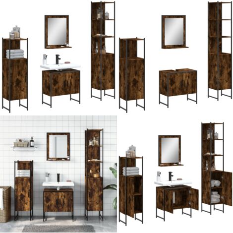 Set Mobili da Bagno 4 pz Rovere Fumo in Legno Multistrato - Armadietto lavello - Mobile da bagno