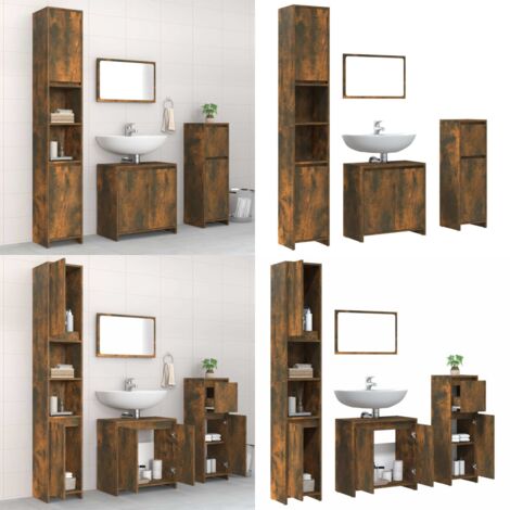 Set Mobili da Bagno 4 pz Rovere Fumo in Legno Multistrato - Armadio da bagno - Specchio da bagno