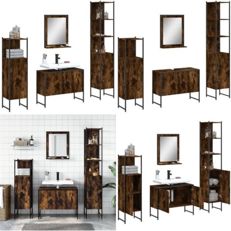 Set Mobili da Bagno 4 pz Rovere Fumo in Legno Multistrato - Set di mobili da bagno - Armadio da bagno