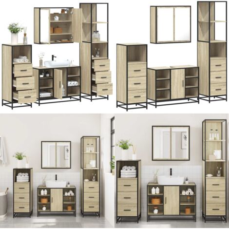 Set Mobili da Bagno 4 pz Rovere Sonoma in Legno Multistrato - Armadietto a specchio - Armadietto lavabo