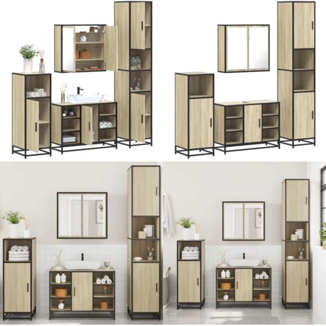 Set Mobili da Bagno 4 pz Rovere Sonoma in Legno Multistrato - Armadietto a specchio - Armadietto lavabo