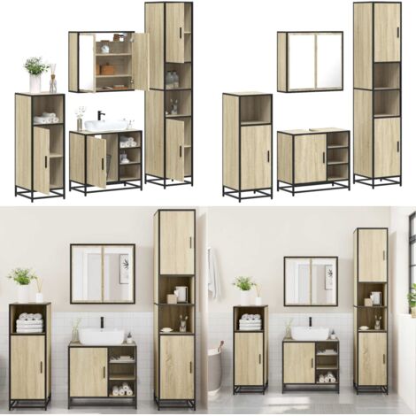 Set Mobili da Bagno 4 pz Rovere Sonoma in Legno Multistrato - Armadietto a specchio - Armadietto lavabo