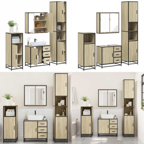 Set Mobili da Bagno 4 pz Rovere Sonoma in Legno Multistrato - Armadietto a specchio - Armadietto lavabo