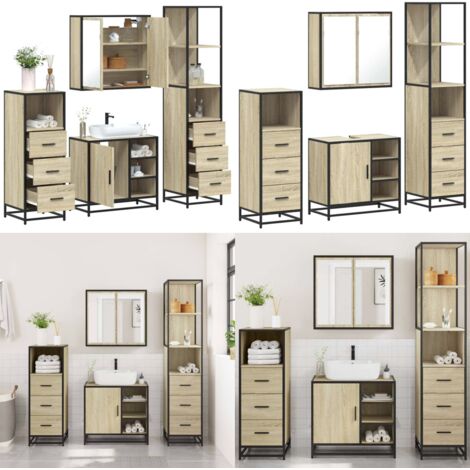 Set Mobili da Bagno 4 pz Rovere Sonoma in Legno Multistrato - Armadietto a specchio - Armadietto lavandino