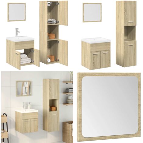 Set Mobili da Bagno 4 pz Rovere Sonoma in Legno Multistrato - Specchio da trucco - Lavabo da bagno