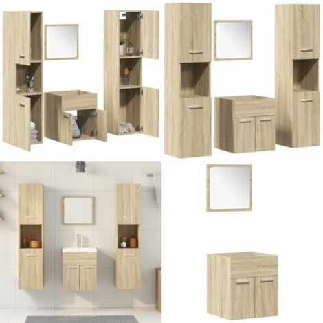 Set Mobili da Bagno 4 pz Rovere Sonoma in Legno Multistrato - Specchio da trucco - Mobili da bagno