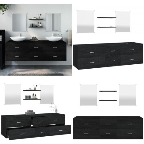 Set Mobili da Bagno 5 pz Nero in Legno Multistrato - Specchio da bagno - Mobile da parete