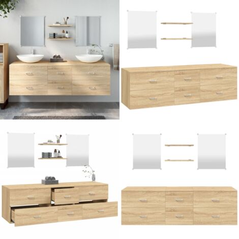 Set Mobili da Bagno 5 pz Rovere in Legno Multistrato - Specchio da bagno - Mobile da parete