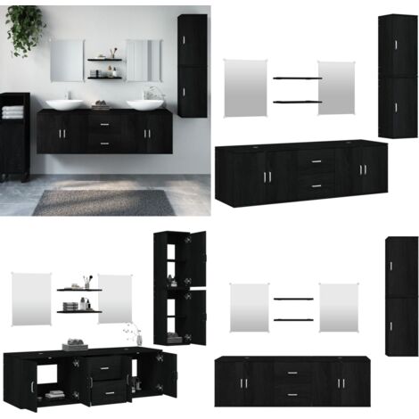 Set Mobili da Bagno 7 pz Nero in Legno Multistrato - Specchio da bagno - Mobile da parete