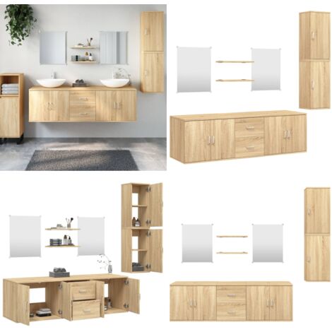Set Mobili da Bagno 7 pz Rovere in Legno Multistrato - Specchio da bagno - Mobile da parete