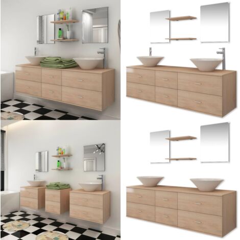 Set Mobili da Bagno 9 pz con Lavabo e Rubinetto Beige - Armadietto da toeletta - Specchio da bagno