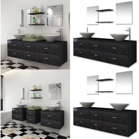 Set Mobili da Bagno 9 pz con Lavabo e Rubinetto Nero - Armadietto da toeletta - Specchio da bagno