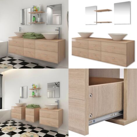 Set Mobili da Bagno con Lavabo 7 pz Beige - Lavabo da bagno - Specchio da bagno