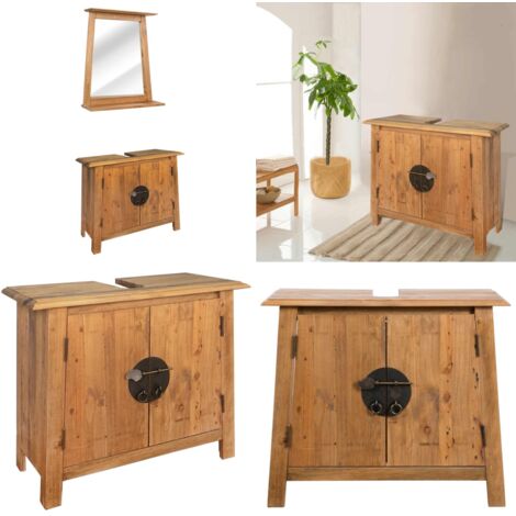 Set Mobili da Bagno in Legno Massello di Pino - Mobile vanità in legno - Specchio in legno