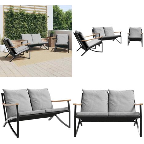 Set Mobili da Balcone 3 pz con Cuscini Nero in Acciaio - Sedie da giardino - Panca da giardino