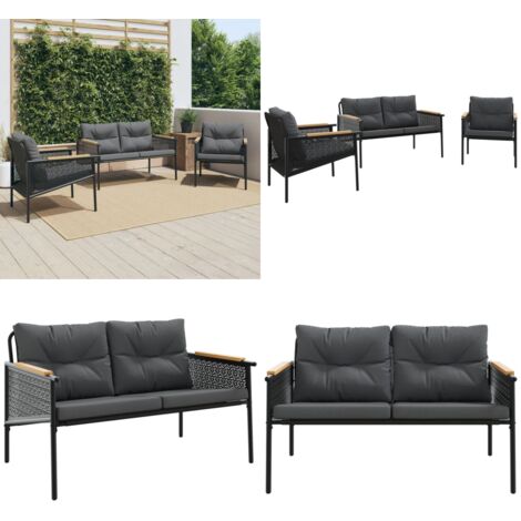 Set Mobili da Balcone 3 pz con Cuscini Nero in Acciaio - Sedie da giardino - Panca da giardino