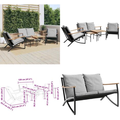 Set Mobili da Balcone 5 pz con Cuscini Nero in Acciaio - Sedie da giardino - Panca da giardino